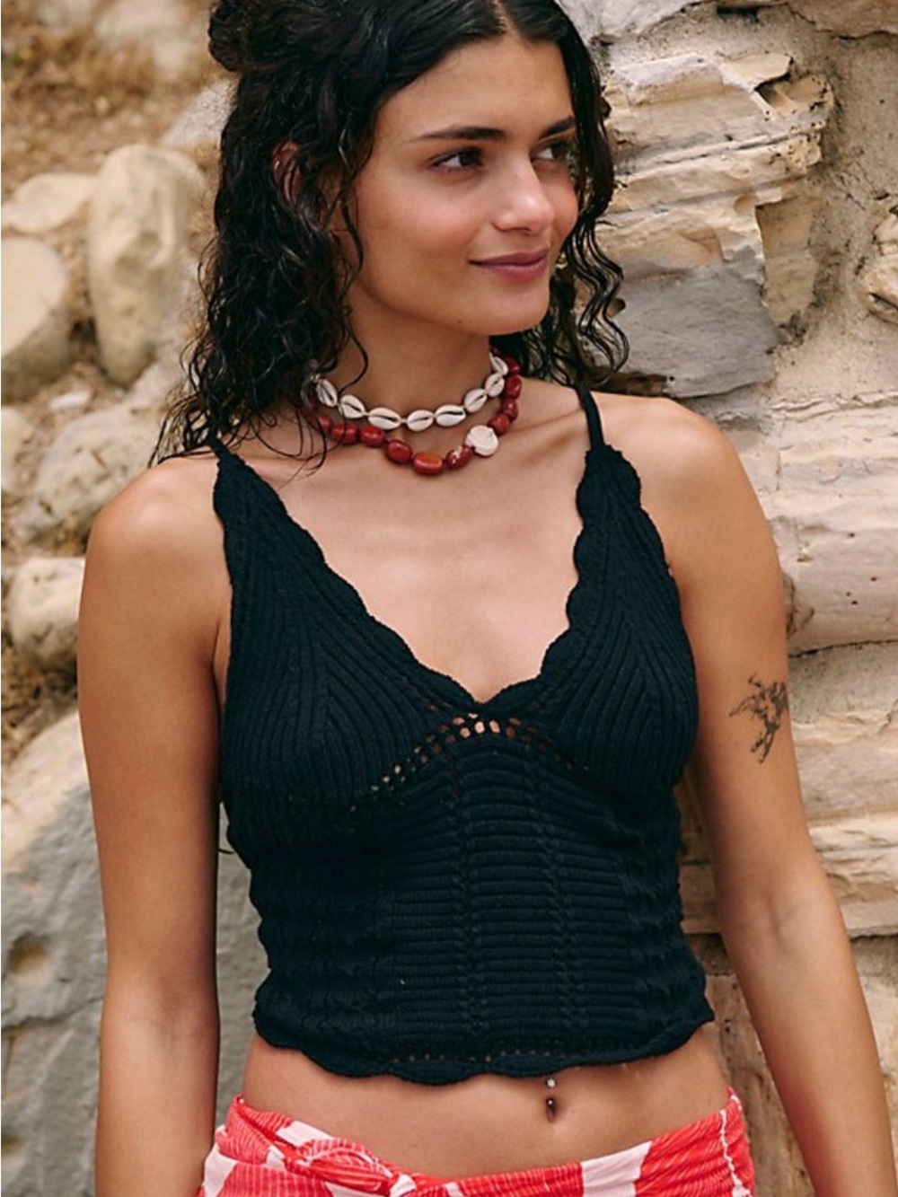 Free People Black Knit Scallop-Edge Crop Tank 🎉3 for $50